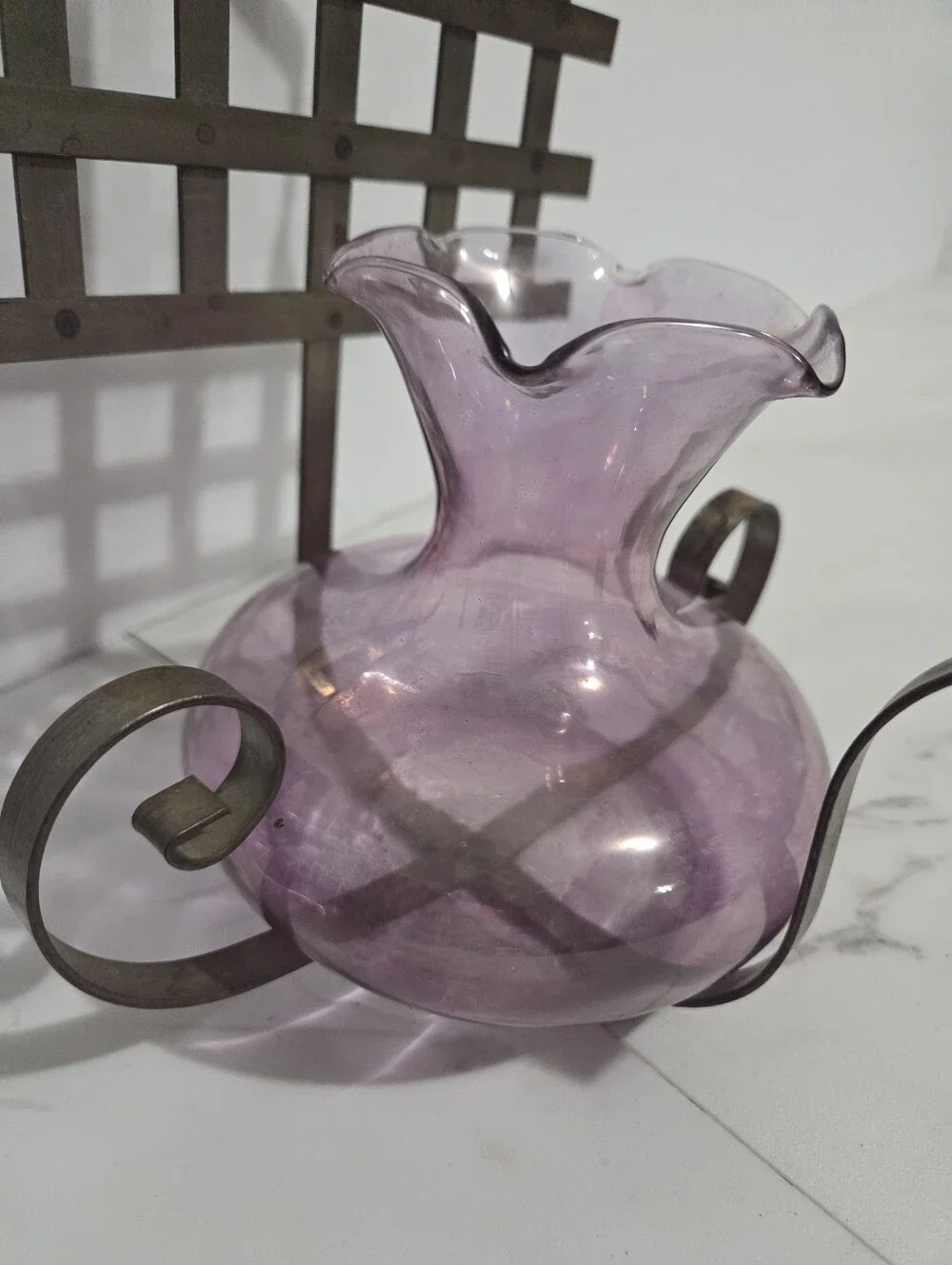 Vintage Amethyst Art Glass Wall Piece With Steel Scroll Wall Mount - 10x7.5